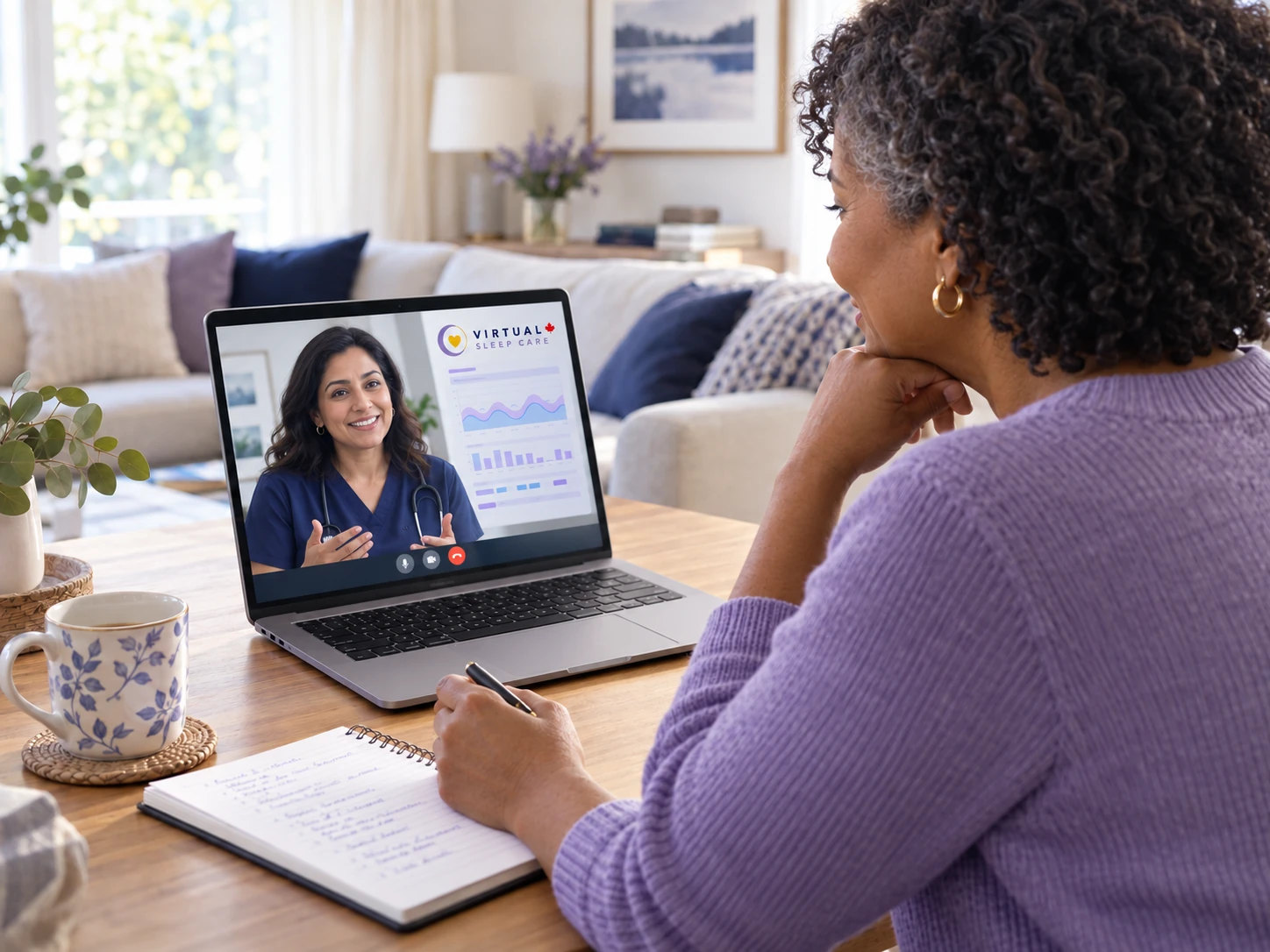 A woman takes notes during a virtual discussion of her home sleep test results with a clinician.