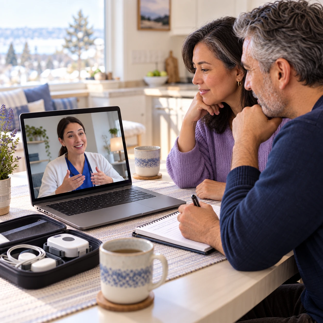 A couple talks with a clinician by video call about whether a home sleep test is appropriate.