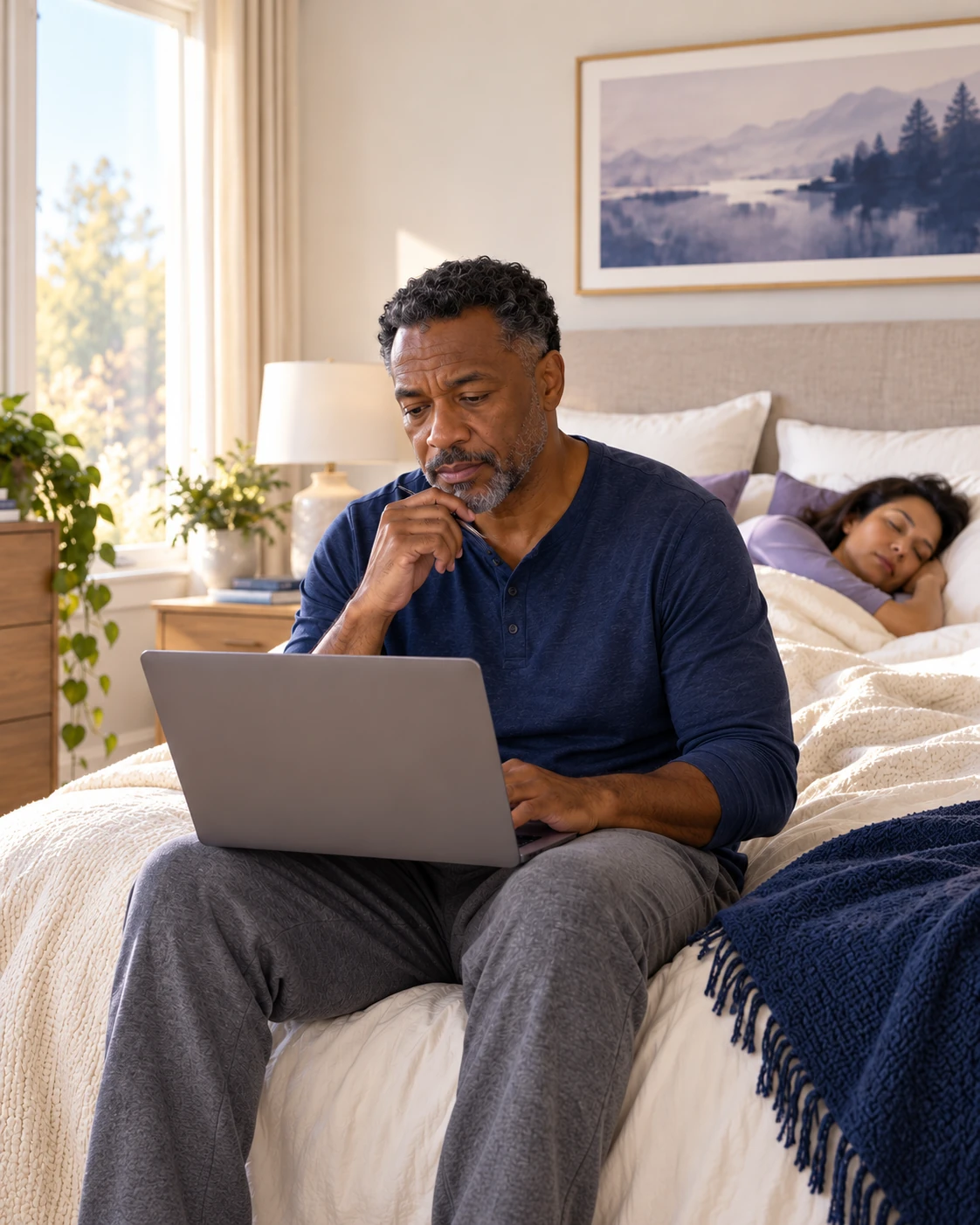 A tired man sits on the edge of a bed using a laptop while his partner sleeps behind him.