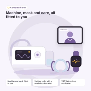 Complete Care+ package: a CPAP machine and mask fitted to you, virtual visits with a respiratory therapist, and the VSC Watch sleep monitor