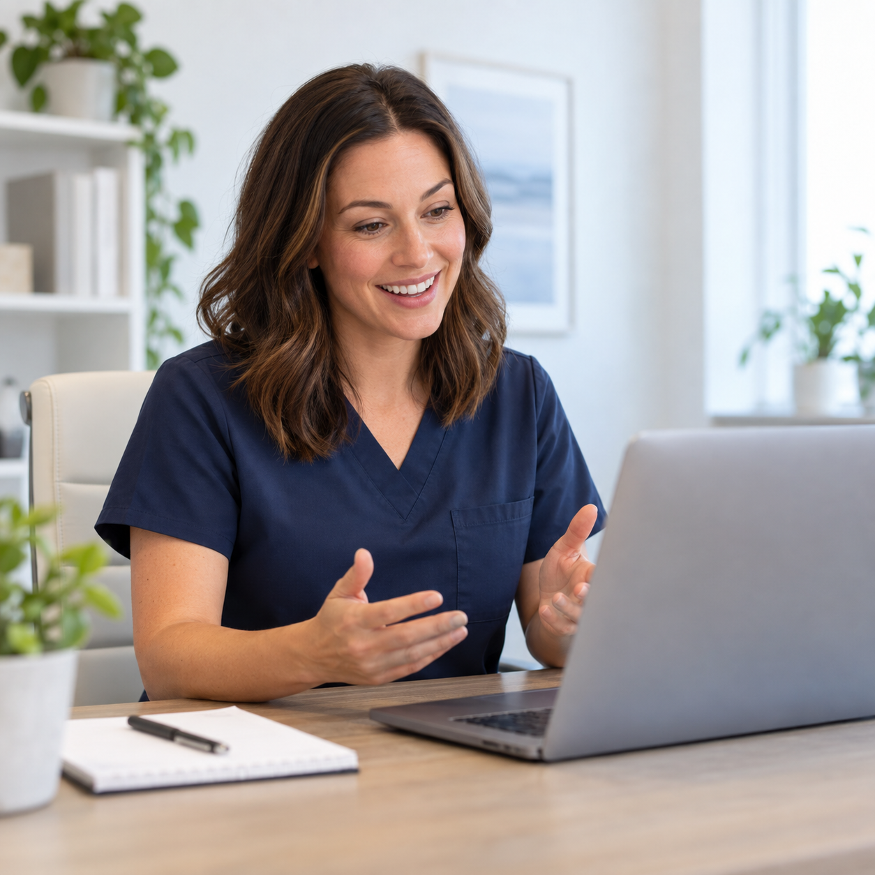Female clinician seated at a laptop during a virtual consultation