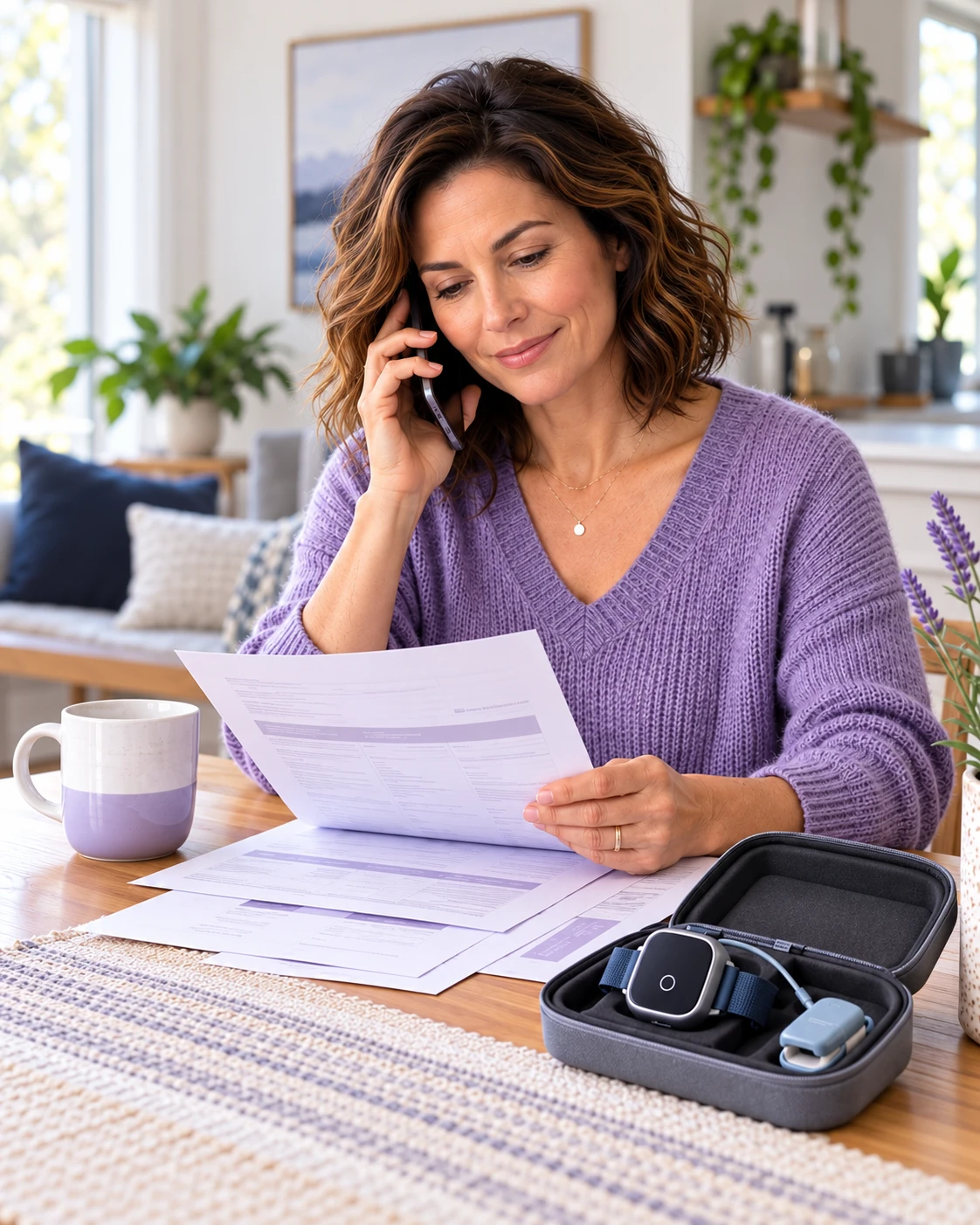Woman reviewing paperwork during a phone call, with a home sleep test kit on the table.