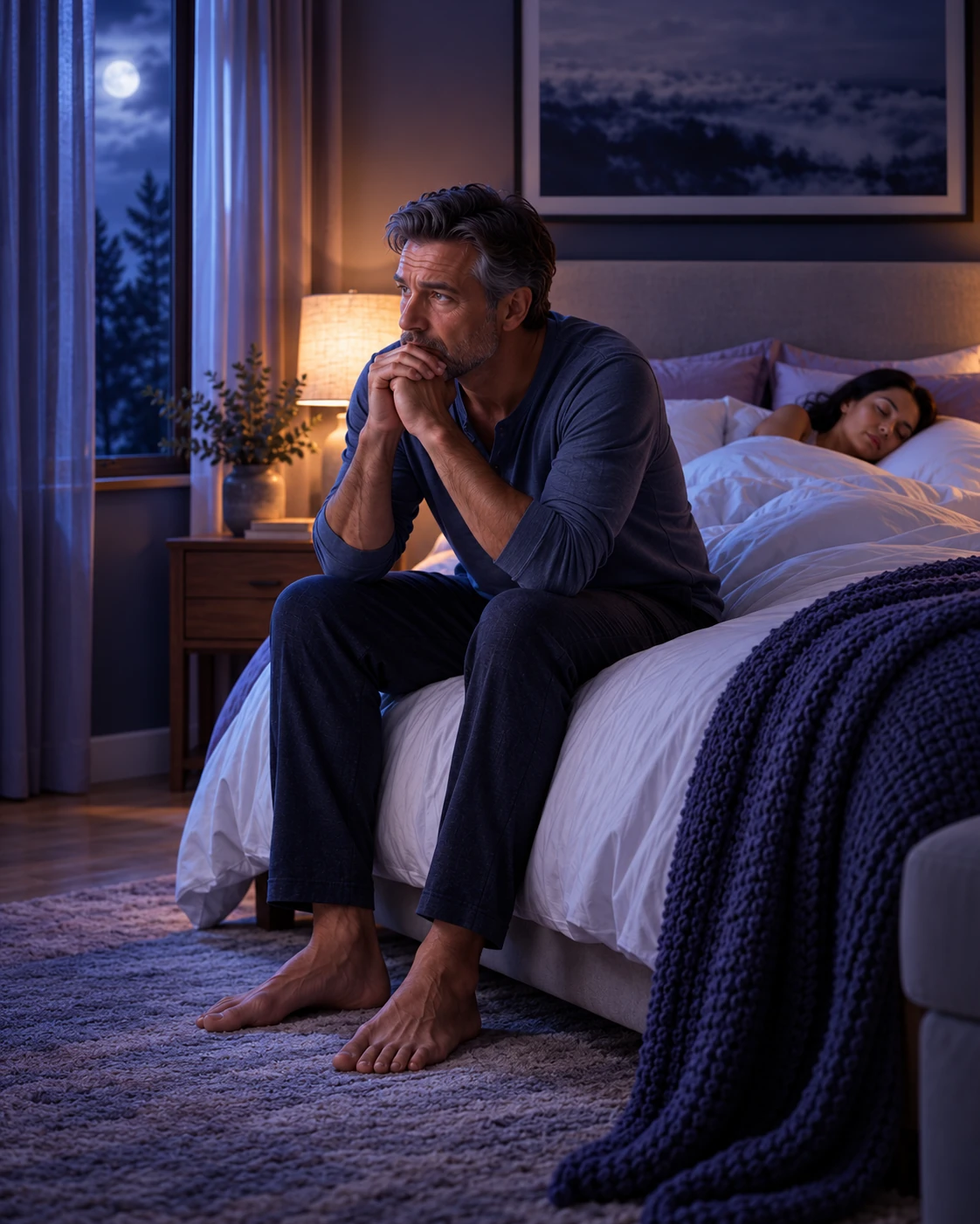Man sitting awake on the edge of his bed at night while his partner sleeps.