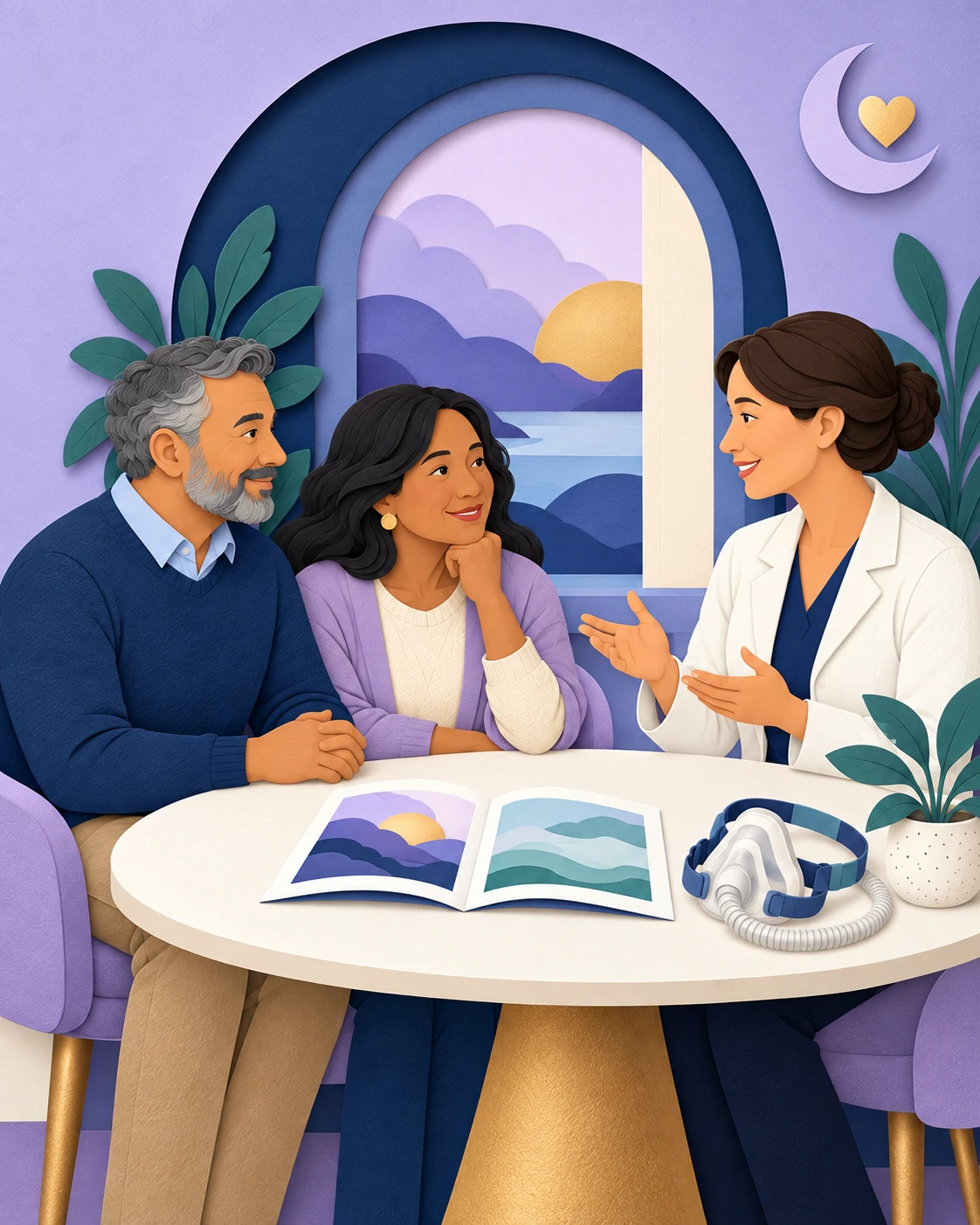 Paper cut illustration of a clinician discussing sleep-health information with a couple.