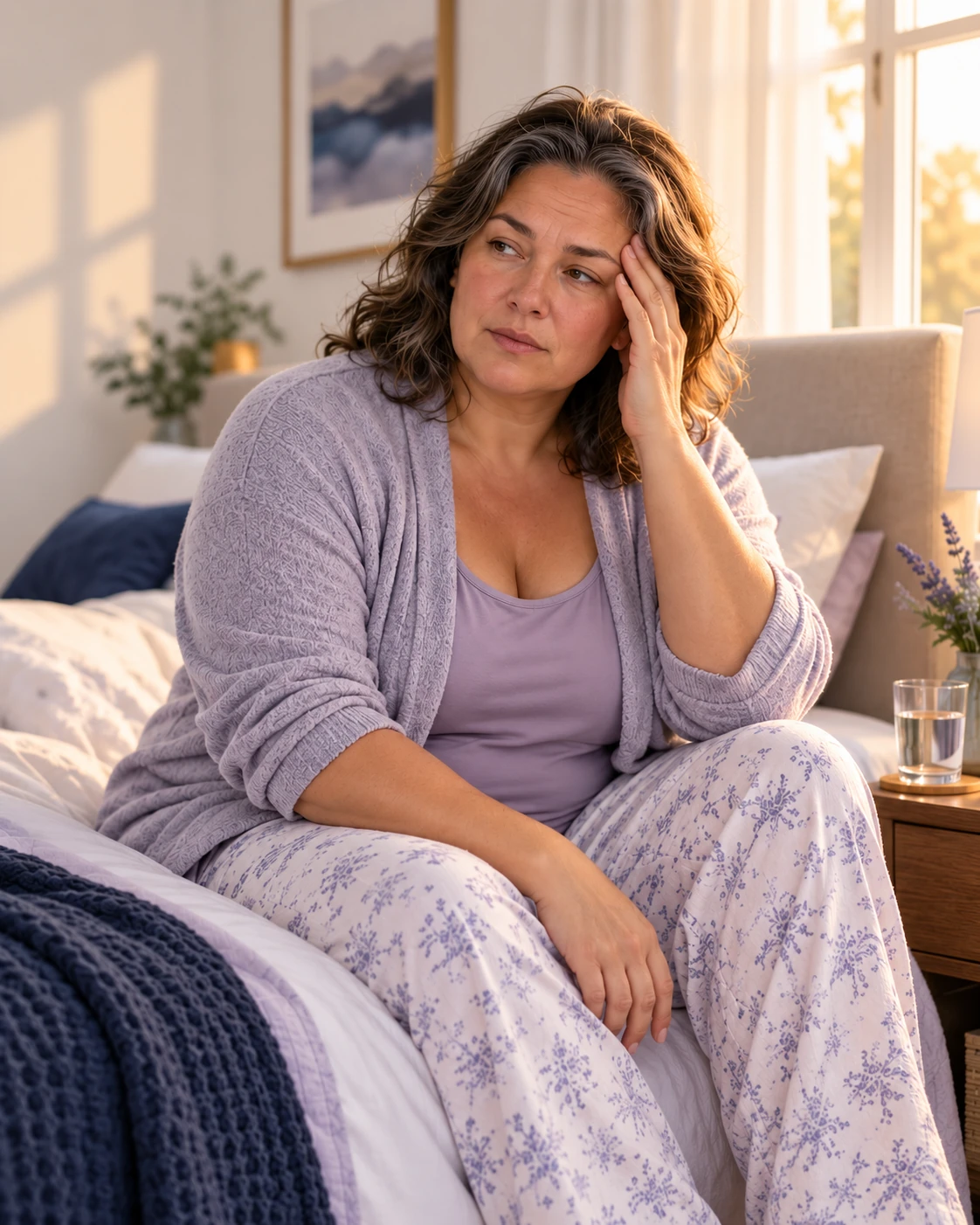 Woman sitting on her bed in the morning, gently touching her temple