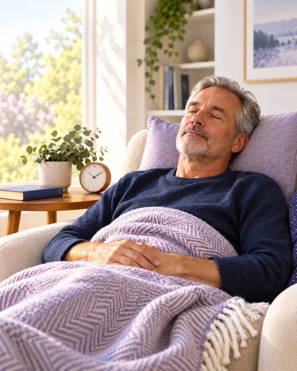 Older man taking an afternoon nap in a chair under a lavender blanket, with a clock beside him