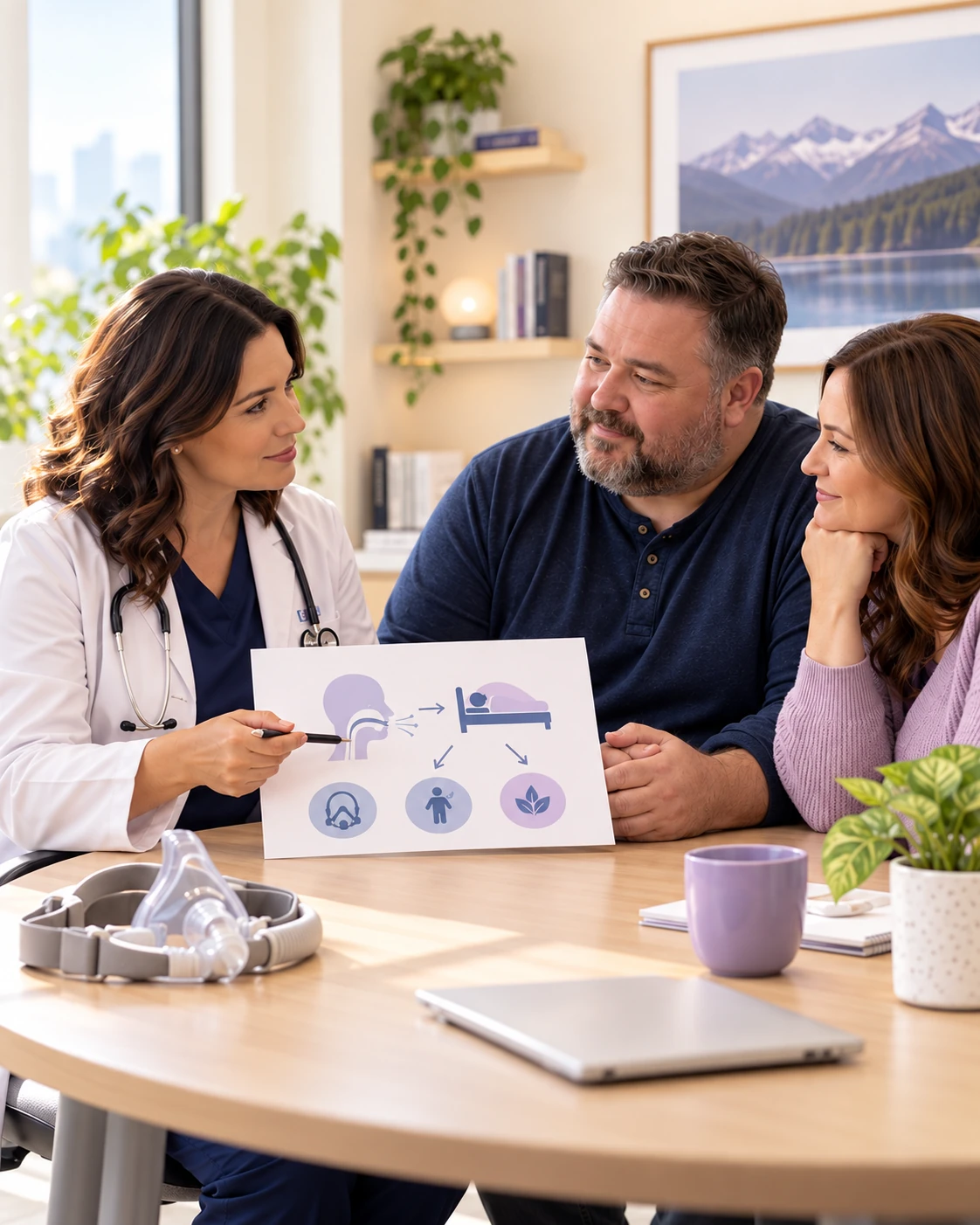 Clinician discussing sleep apnea treatment options with a man and his partner.